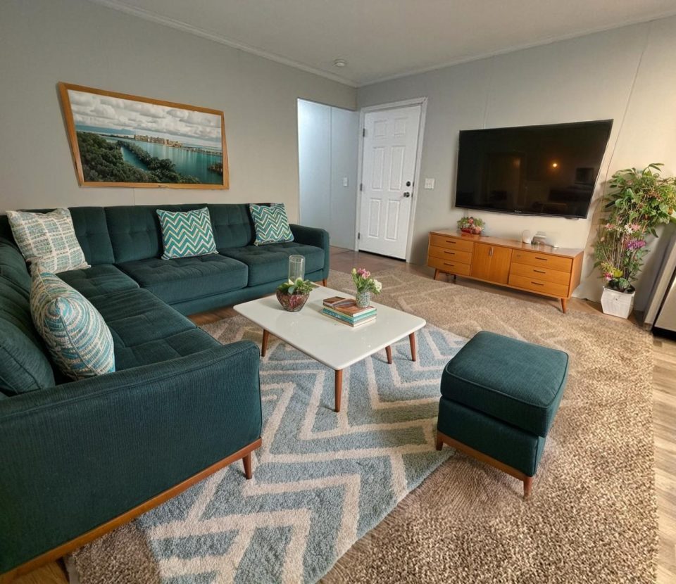 A modern living room with a green sectional sofa, patterned pillows, a white coffee table with books, a TV on a wooden console, plants, and a large wall photo above the sofa. The room has a gray carpet and light walls.
