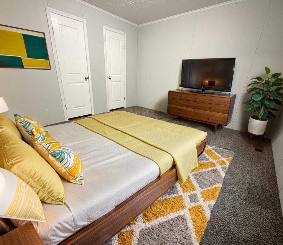 A modern bedroom with a wooden bed, yellow and gray bedding, a geometric rug, a dresser with a TV, a potted plant, two white doors, and a window. Abstract art hangs on a light gray wall.