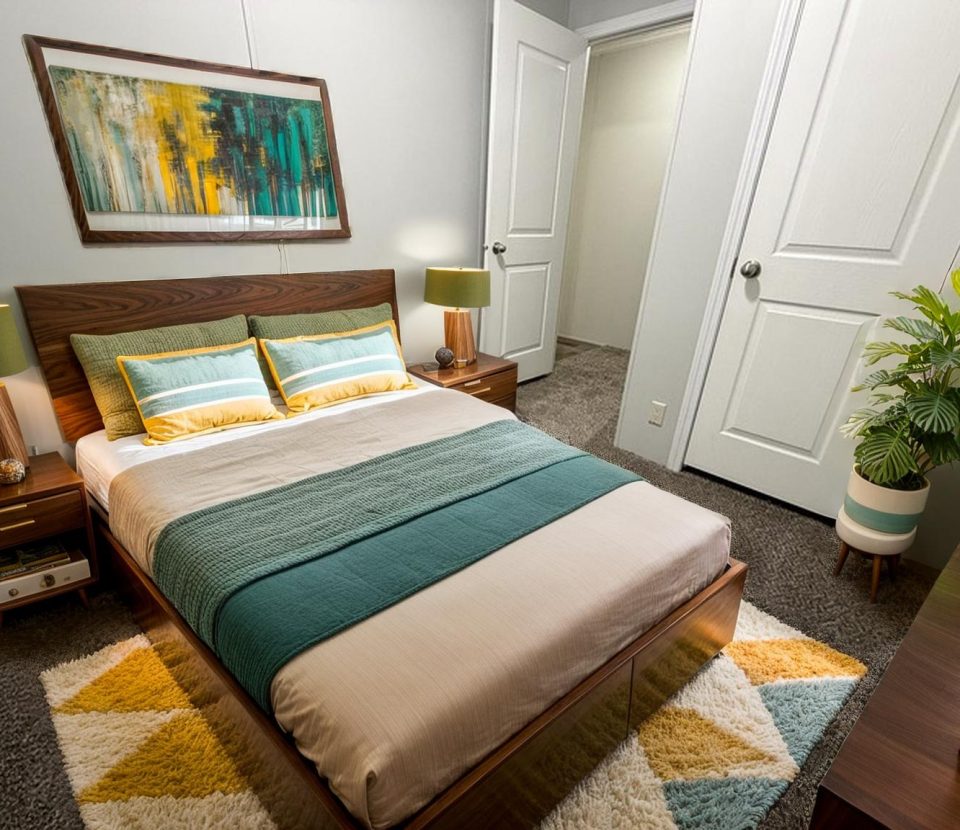 A modern bedroom with a wooden bed, teal and yellow bedding, matching nightstands with lamps, abstract wall art, a plant, and a geometric rug on a gray carpeted floor. Two doors are open in the background.