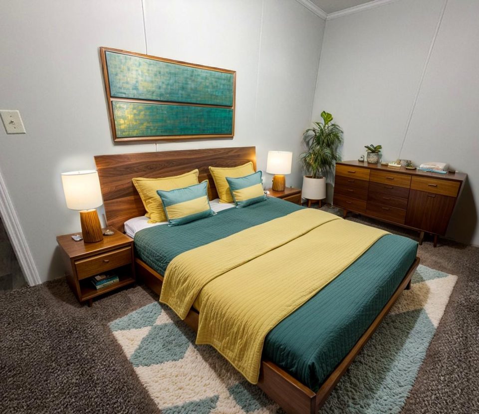 A modern bedroom with a mid-century wooden bed, green and yellow bedding, matching nightstands with lamps, a dresser, potted plant, and geometric rug, all set against white walls and carpeted floor.