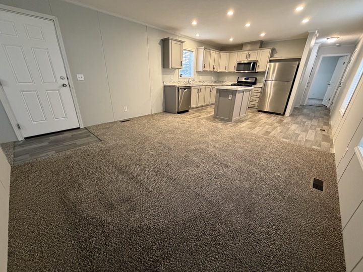Open living space with gray carpet, leading to a kitchen with gray cabinets, stainless steel appliances, and wood-look flooring. White door and windows are visible on the left; ceiling lights are on.