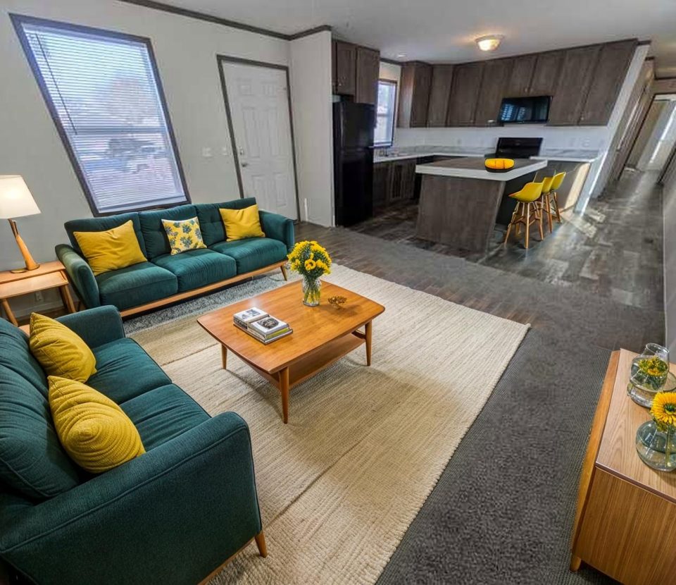 A modern open-plan living room and kitchen with teal sofas, yellow cushions, a wooden coffee table with flowers, a sideboard with vases, and a kitchen island with yellow barstools and a pumpkin on top.