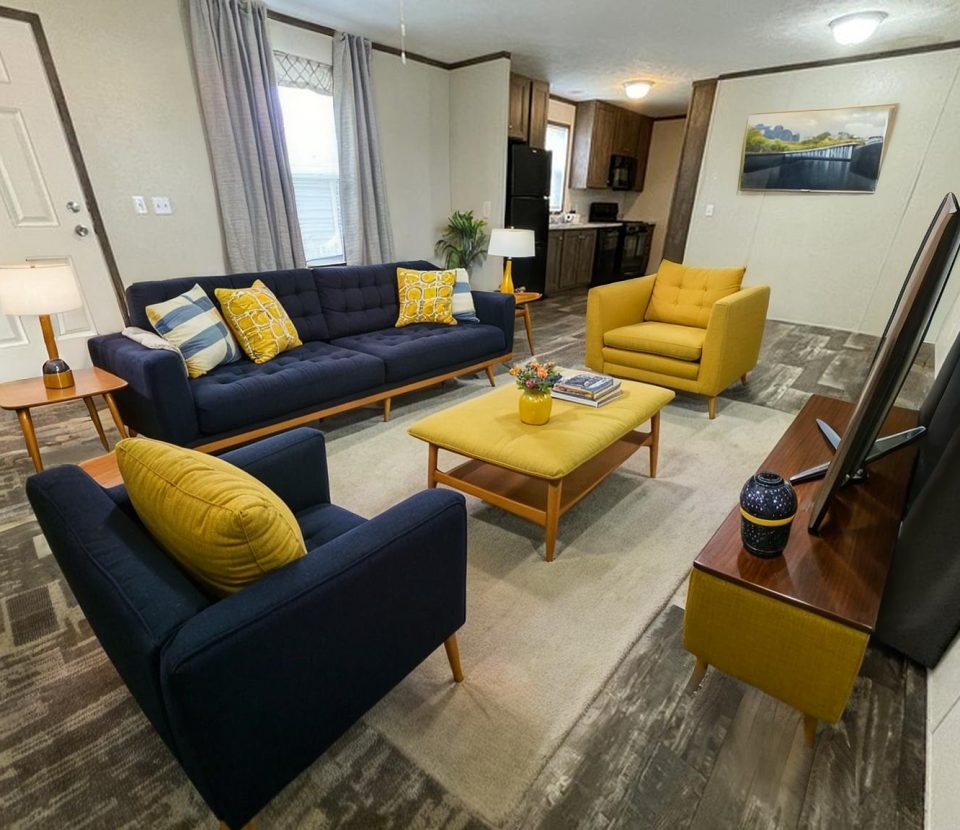A modern living room with a navy blue sofa, matching armchair, a yellow armchair, and a yellow ottoman around a coffee table. A TV sits on a wooden stand. The space opens to a kitchen in the background.