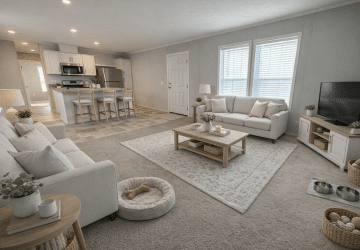 A bright, modern living room with two white sofas, a coffee table, television, and an open kitchen. There are pet bowls, a dog bed with a toy, and natural light streaming through two large windows.