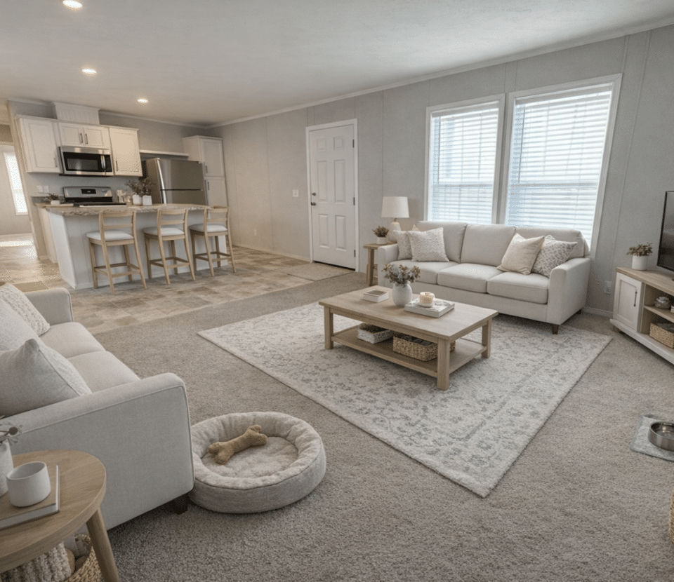 A bright, modern living room with two white sofas, a coffee table, television, and an open kitchen. There are pet bowls, a dog bed with a toy, and natural light streaming through two large windows.