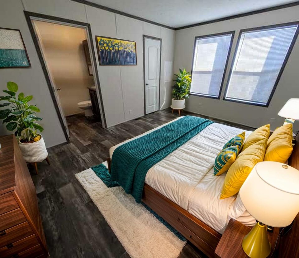 A modern bedroom with a wooden bed, teal and yellow bedding, two bedside lamps, a dresser, plants, wall art, large windows, and an open door leading to a bathroom.