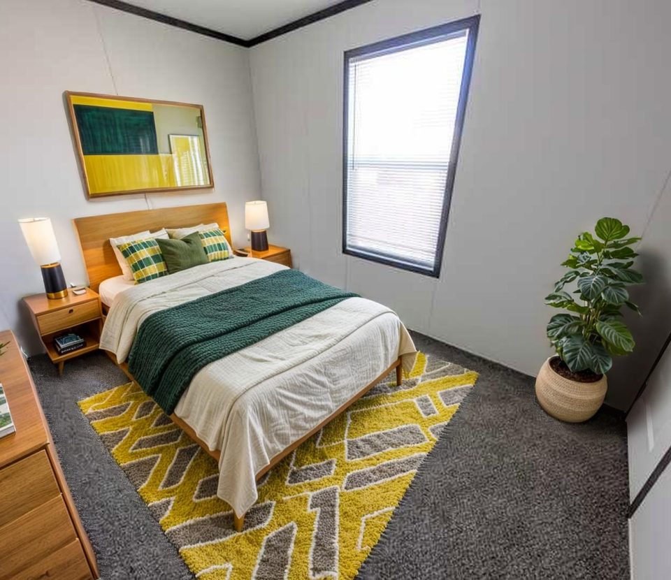 A neatly made bed with green and cream bedding sits in a bright, modern bedroom. The room features a wooden nightstand with lamps, dresser, potted plant, large window, wall art, and a yellow patterned rug on gray carpet.
