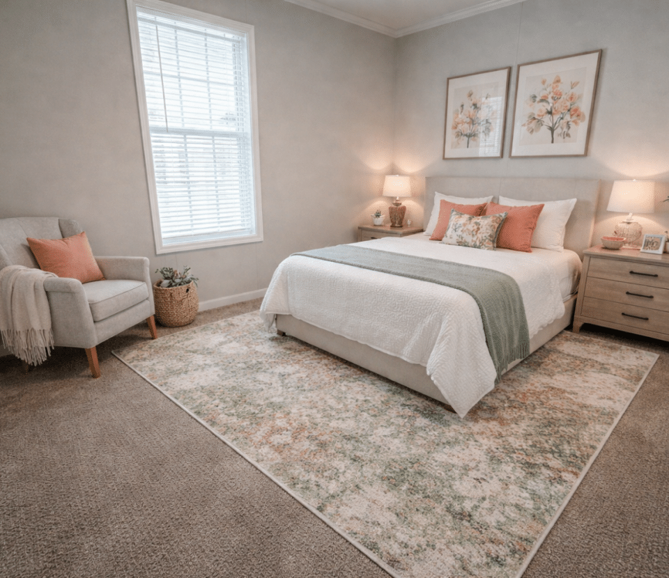 A cozy bedroom with a double bed, green throw blanket, two bedside tables with lamps, floral wall art, an armchair with a pillow and throw, a woven basket, and a large window with blinds.