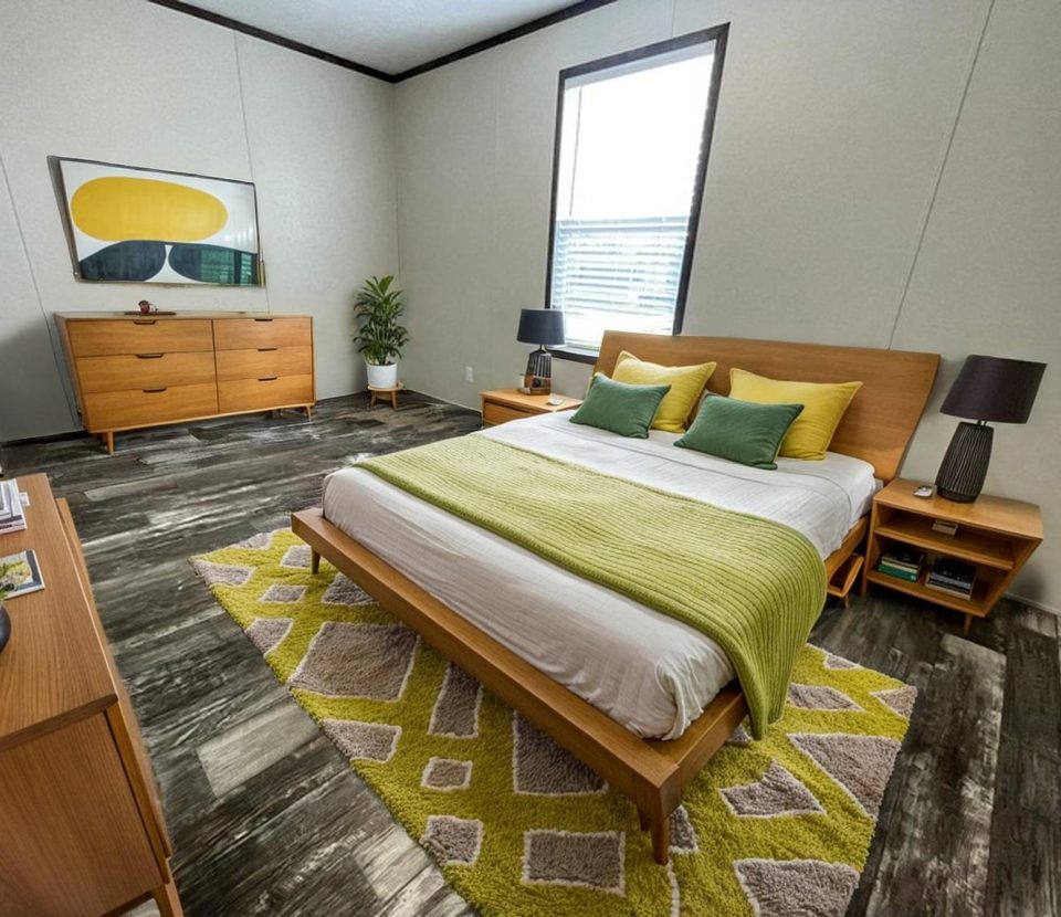 Modern bedroom with a wooden bed, green and yellow accents, two nightstands with lamps, a dresser, a plant, abstract wall art, and a geometric rug on dark wood flooring. Sunlight enters through a large window.