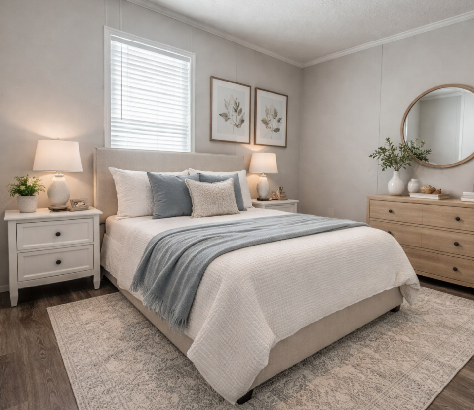A cozy bedroom with a beige bed, blue and white pillows, a blue throw blanket, two white nightstands with lamps, a wooden dresser with a round mirror, and neutral decor in soft, natural light.