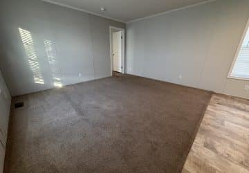 Empty room with beige carpet, light gray walls, a door slightly open, and a window with blinds letting in sunlight. Part of the floor near the window is a light wood-look vinyl.