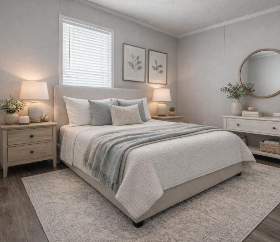A cozy bedroom with a large bed, neutral bedding, two wooden nightstands with lamps and plants, framed art above the bed, a dresser with a round mirror, and soft natural light from a window.