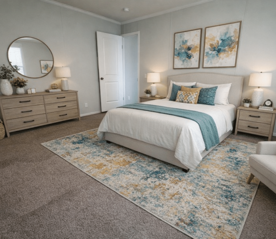 A neatly decorated bedroom with a bed centered against the wall, teal and yellow accents, two nightstands with lamps, abstract art above the bed, a dresser, an armchair, and a colorful area rug on carpeted flooring.