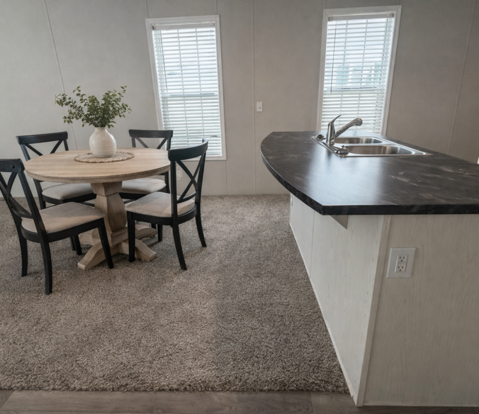 A round wooden dining table with four chairs sits on a carpeted area next to a kitchen counter with a sink; two windows with blinds allow natural light into the room.