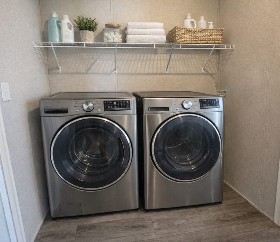 A laundry room with a front-load washer and dryer side by side under a wire shelf holding detergent, fabric softener, towels, a wicker basket, and jars; light walls and wood-look flooring.