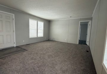 A spacious, empty living room with light gray walls, beige carpet, two large windows, and a white front door. A hallway leads to additional rooms, and natural light fills the space.