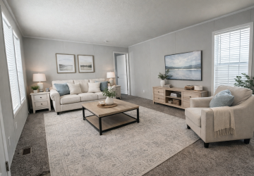 A bright, modern living room with a beige sofa, armchair, wooden coffee table, rug, and sideboard. Large windows let in natural light, and the walls feature landscape artwork and simple decor.
