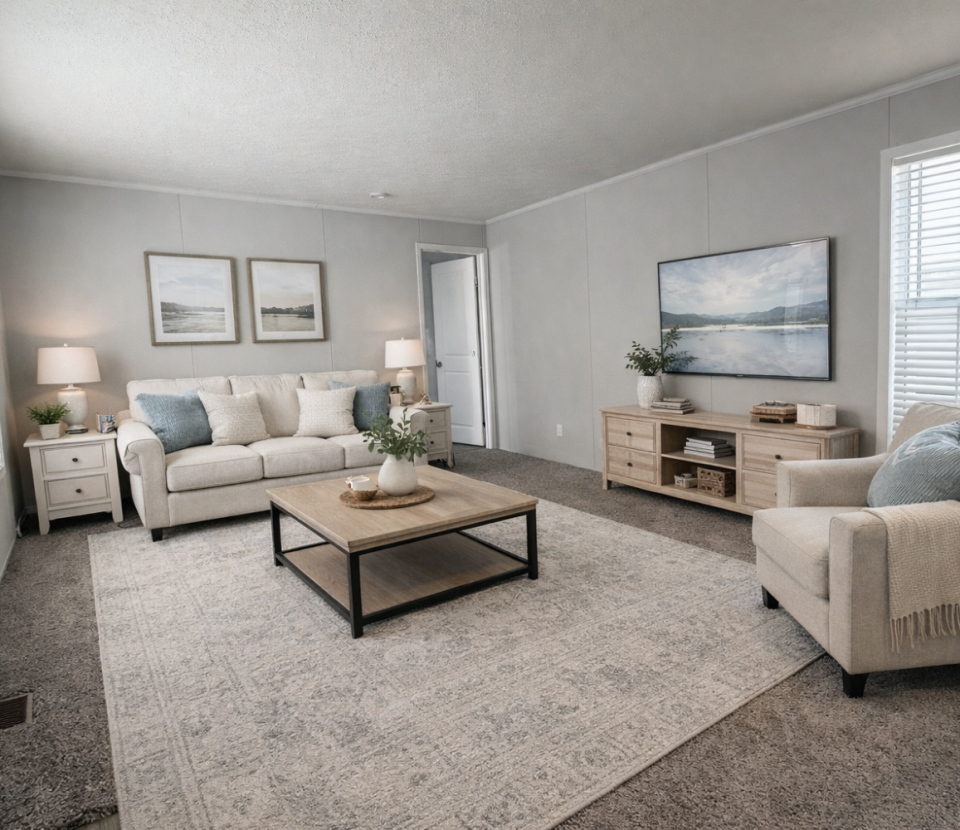 A bright, modern living room with a beige sofa, armchair, wooden coffee table, rug, and sideboard. Large windows let in natural light, and the walls feature landscape artwork and simple decor.