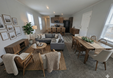 A modern open-concept living and dining area features a gray sofa, armchairs, wooden dining table with six chairs, kitchen with dark cabinets, and wall art. Large windows provide natural light throughout the space.