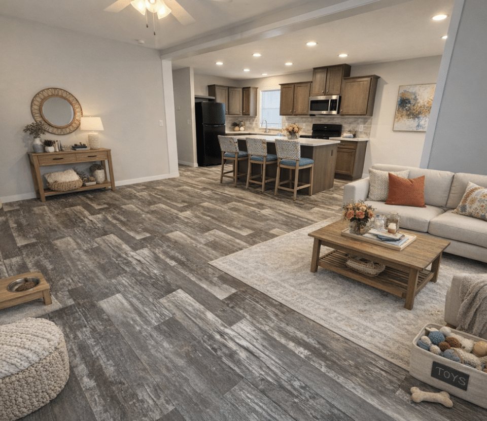 Open-concept living room and kitchen with wood-look flooring, neutral-toned furniture, a beige sofa, armchair, coffee table, and pet accessories including a toy basket and food bowls; kitchen has wooden cabinets and a breakfast bar.