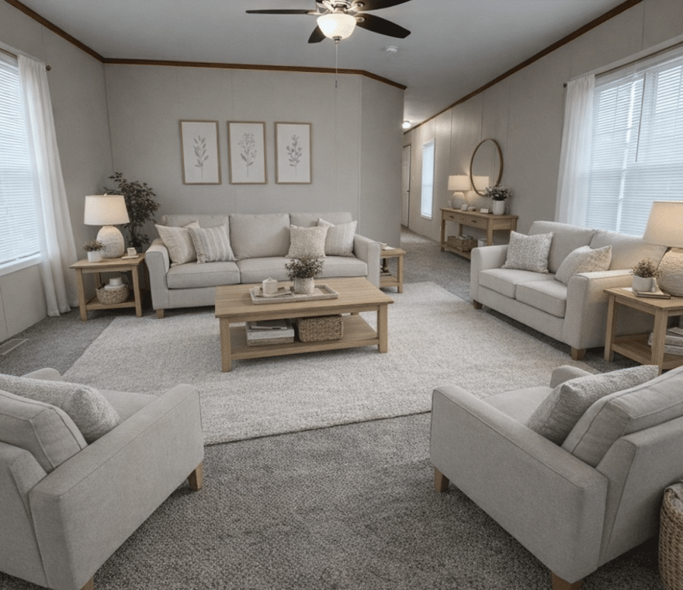 A spacious, modern living room with neutral decor, two sofas, two armchairs, a wooden coffee table, side tables with lamps, wall art, a large rug, and large windows with white curtains letting in natural light.