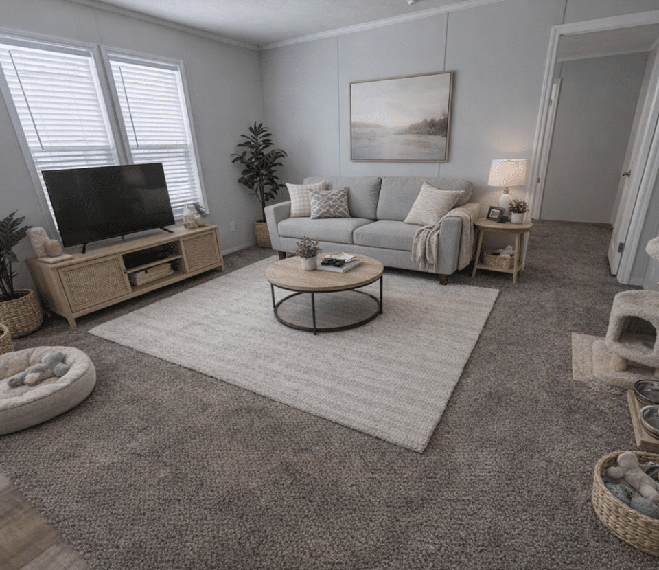A cozy living room with gray carpet, a light sofa, coffee table, TV on a stand, plants, a cat tree, pet bed, and pet bowls. Soft lighting and neutral colors create a warm, inviting atmosphere.