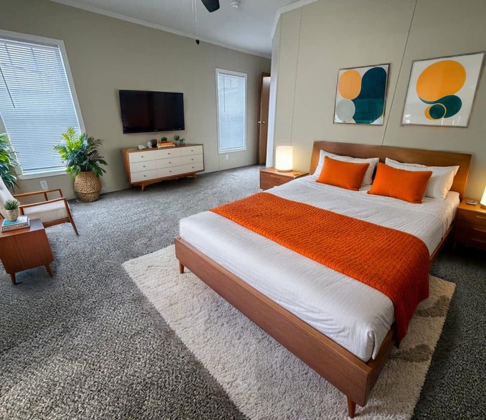 A modern bedroom with a large bed featuring white and orange bedding, two bedside tables with lamps, a dresser with a TV above it, a chair, potted plants, and abstract art on the wall. The room has gray carpet flooring.