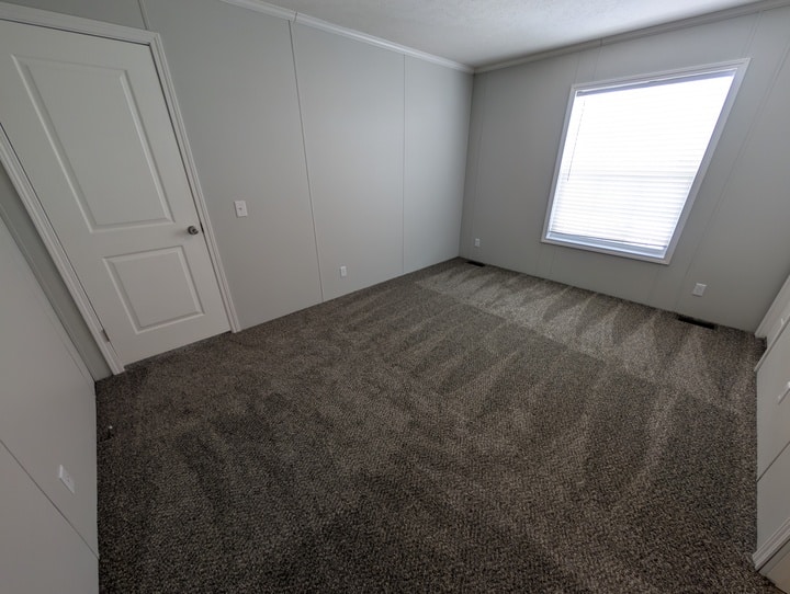 Empty room with light gray walls, a closed white door on the left, a large window with blinds letting in natural light on the right, and clean carpet with visible vacuum lines on the floor.