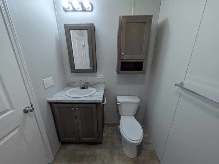 Small bathroom with a sink and cabinet, wall-mounted mirror, toilet, wall cabinet, towel bar, and overhead light fixture. The walls are white and the floor has a wood-like pattern.