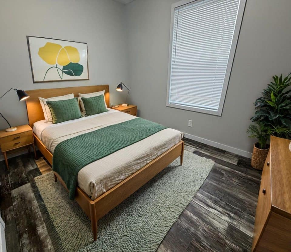 A modern bedroom with a wooden bed, green and beige bedding, two bedside tables with lamps, a dresser with books and a vase, a large window with blinds, a framed abstract art piece, and a potted plant.