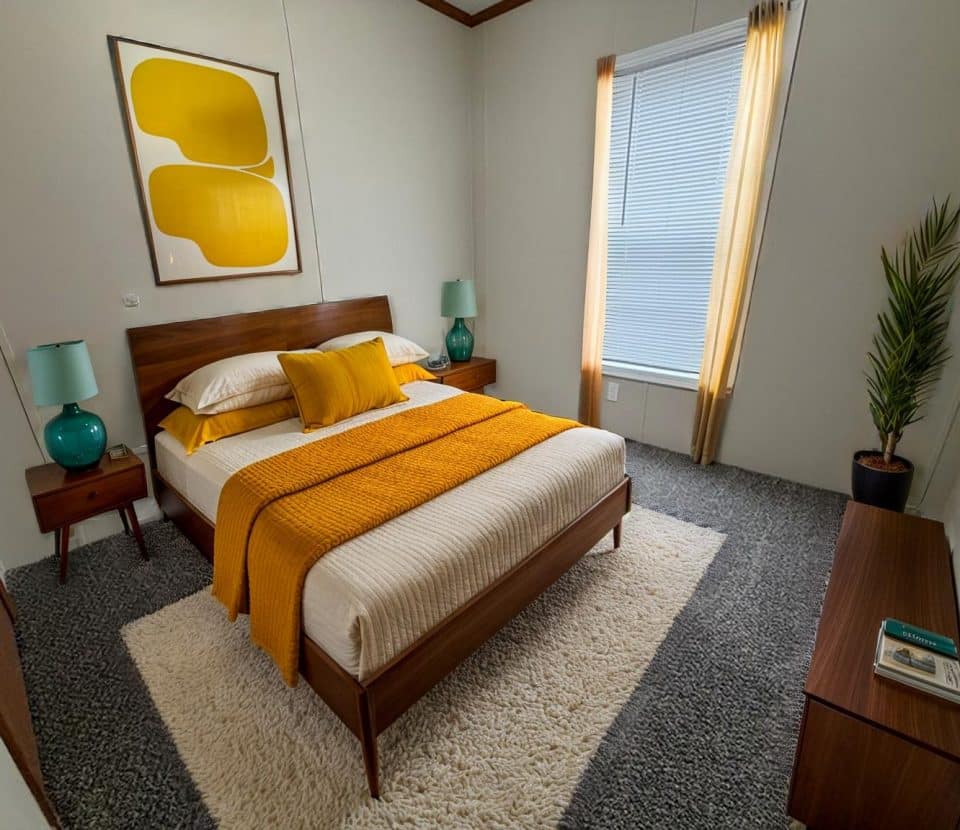 A modern bedroom with a wooden bed, yellow and white bedding, teal lamps on matching nightstands, a shaggy rug, abstract yellow wall art, tall window with yellow curtains, and a potted plant in the corner.