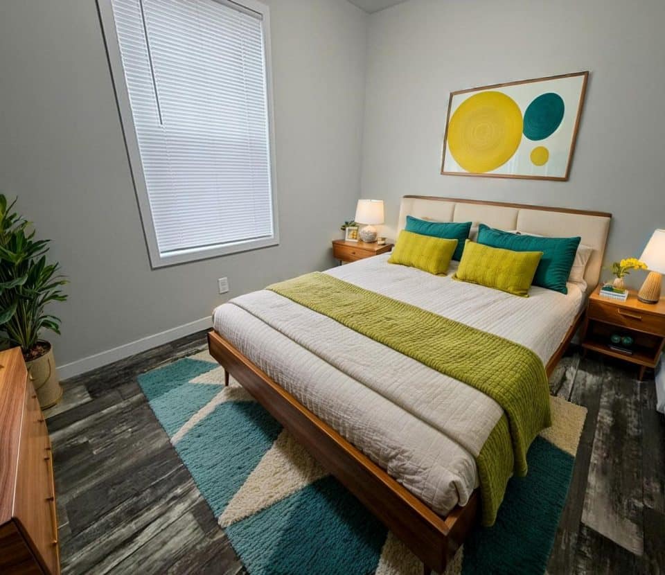 A modern bedroom with a large bed, green and yellow accent pillows and throw, two nightstands with lamps, a potted plant, abstract art on the wall, and a geometric-patterned rug on dark wood flooring.