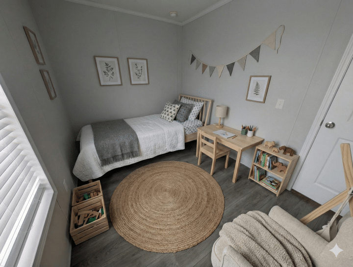 A cozy, minimalist kids bedroom with a single bed, wooden furniture, a round woven rug, a small table and chairs, wall art, a garland, and toys neatly arranged on shelves and in boxes. Light streams in from a window.