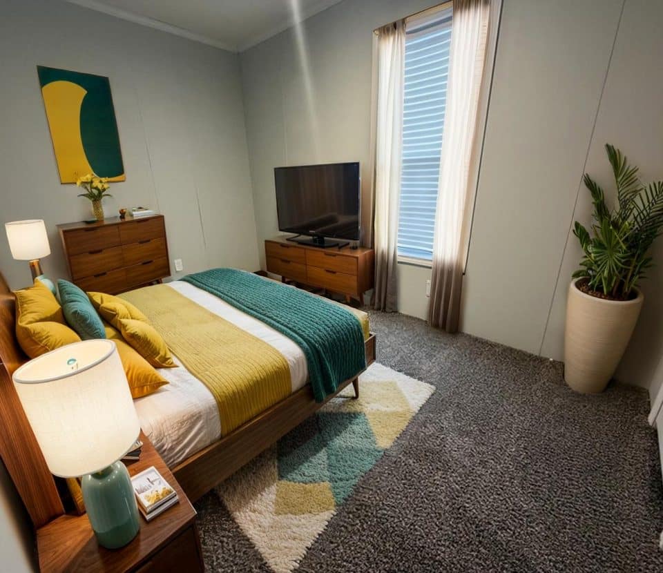 A modern bedroom with a wooden bed, green and yellow bedding, two dressers, a TV, a tall potted plant, and a window with sheer curtains. The room has gray carpet and minimalistic decor.
