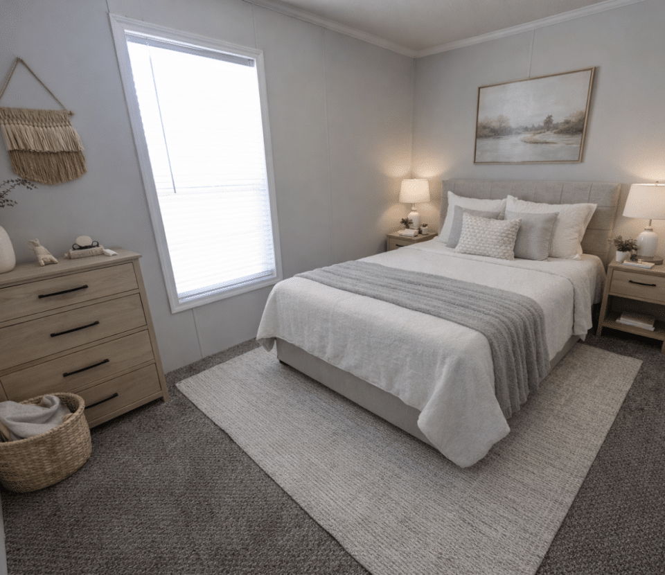 A cozy bedroom with a neatly made bed, two nightstands with lamps, a wooden dresser with decor, a woven wall hanging, and a basket on a gray carpeted floor, featuring light neutral tones throughout.