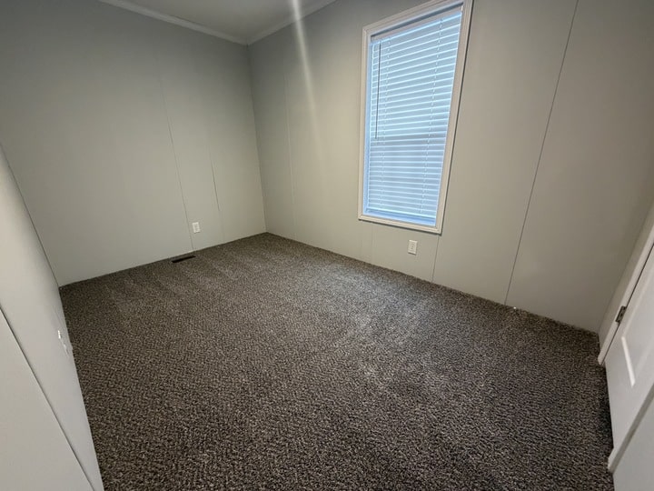Empty room with gray walls, a single window with closed blinds, brown carpet flooring, and a white door partially visible on the right side. The room is well-lit with natural light.