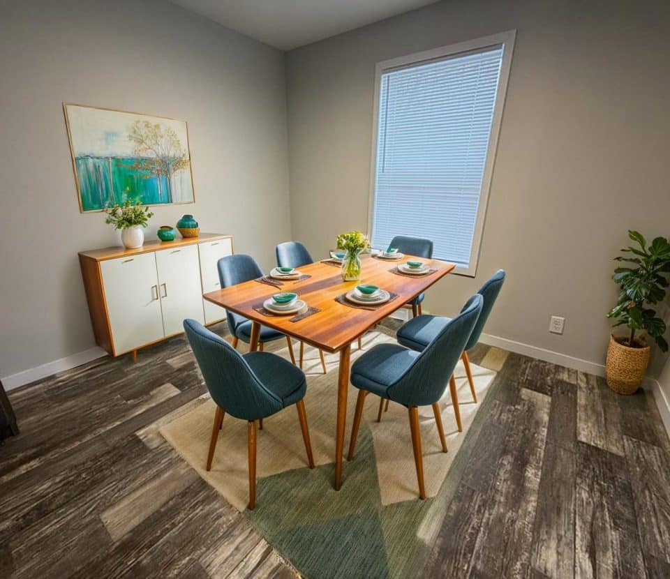 A modern dining room with a wooden table set for six, blue chairs, a sideboard with art and decor, a large window with blinds, and a potted plant on a wood-patterned floor.