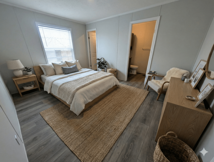 A cozy bedroom with a double bed, light bedding, wooden furniture, a woven rug, a window with blinds, a small plant, and two doors—one leading to a bathroom and the other to a closet.