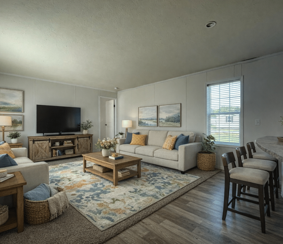 A bright, spacious living room with two light-colored sofas, a patterned rug, a wooden coffee table, a TV on a stand, wall art, potted plants, and large windows with blinds letting in natural light.