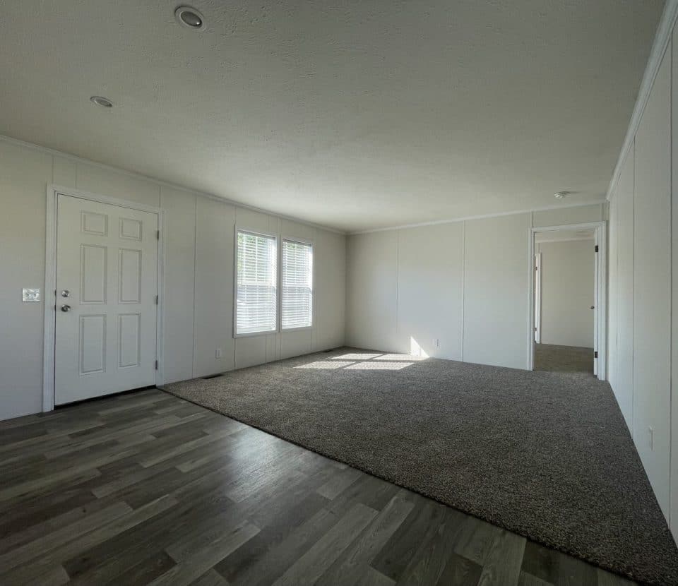 A bright, empty room with light-colored walls, two windows, wood-style flooring near the door, and carpeted flooring in the main area. Two doorways lead to other rooms in the back. Sunlight streams through the windows.