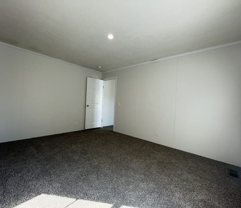 An empty room with beige walls, dark carpet flooring, a white ceiling with a single recessed light, and an open white door letting in natural light from the left side.