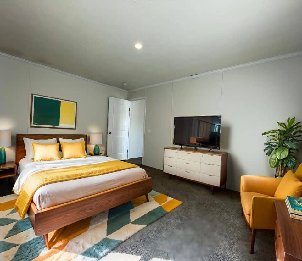 A modern bedroom with a wooden bed, yellow and white bedding, matching yellow accents, a patterned rug, dresser with a TV, armchair, plant, and contemporary artwork on a light-colored wall.