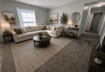 A bright living room with a large beige sectional sofa, round coffee table, two side tables with lamps, artwork on the walls, indoor plants, and a window letting in natural light. A hallway is visible in the background.