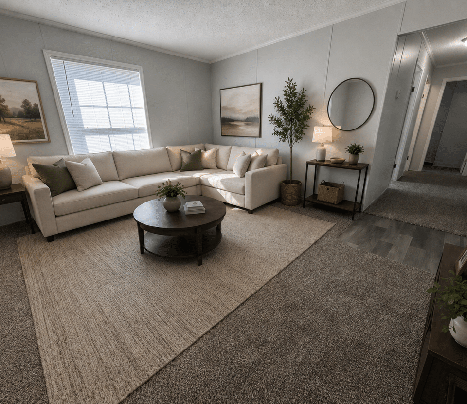 A bright living room with a large beige sectional sofa, round coffee table, two side tables with lamps, artwork on the walls, indoor plants, and a window letting in natural light. A hallway is visible in the background.
