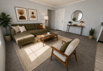 Modern living room with a green sectional sofa, beige accent chair, wooden coffee table, console table with a round mirror, and abstract art on the wall. The space features neutral colors and natural light.