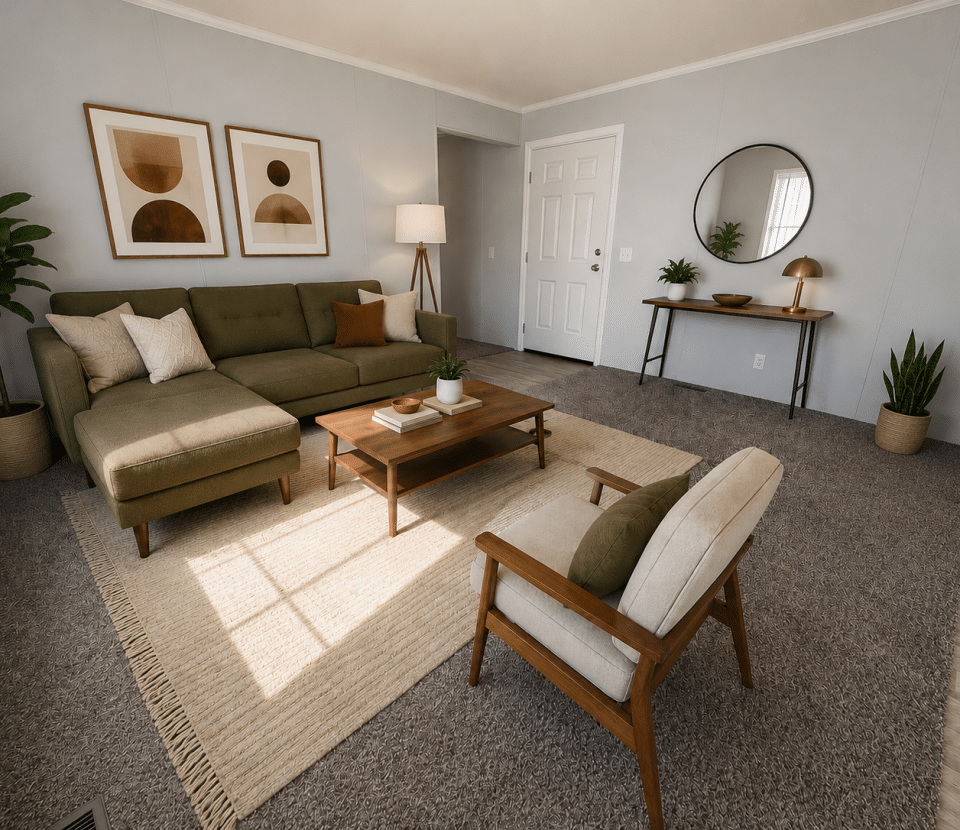 Modern living room with a green sectional sofa, beige accent chair, wooden coffee table, console table with a round mirror, and abstract art on the wall. The space features neutral colors and natural light.