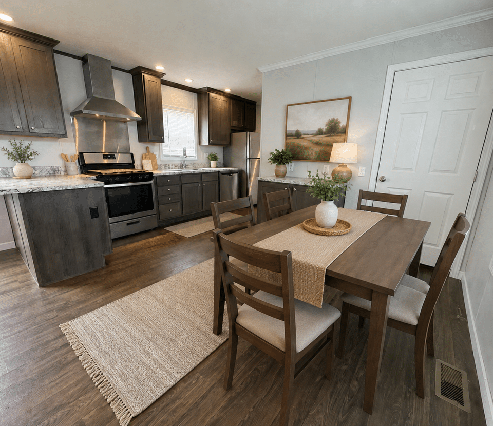 A modern kitchen and dining area with dark wood cabinets, stainless steel appliances, a dining table with six chairs, potted plants, neutral decor, and a landscape painting on the wall.