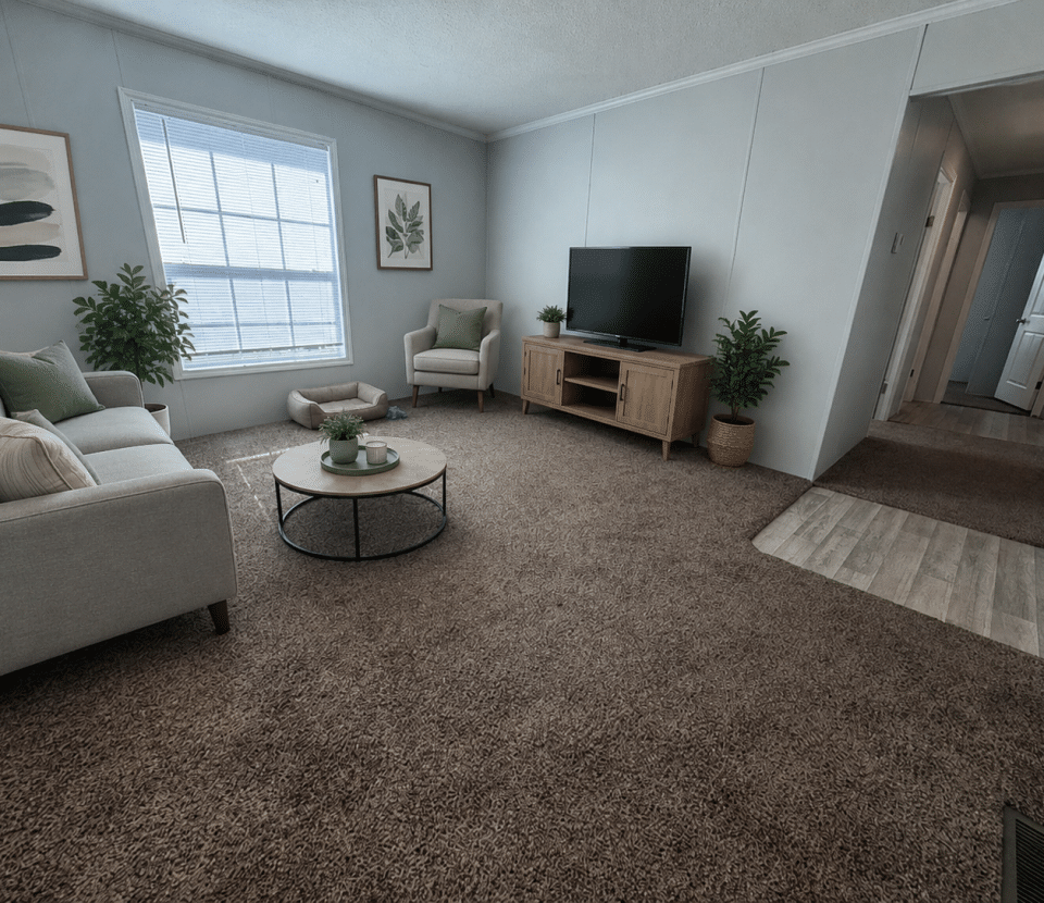 A bright living room with a large window, light gray sofa, a matching armchair, coffee table, TV on a wooden stand, green plants, and neutral wall art. The carpet is brown, and the hallway has light wood flooring.