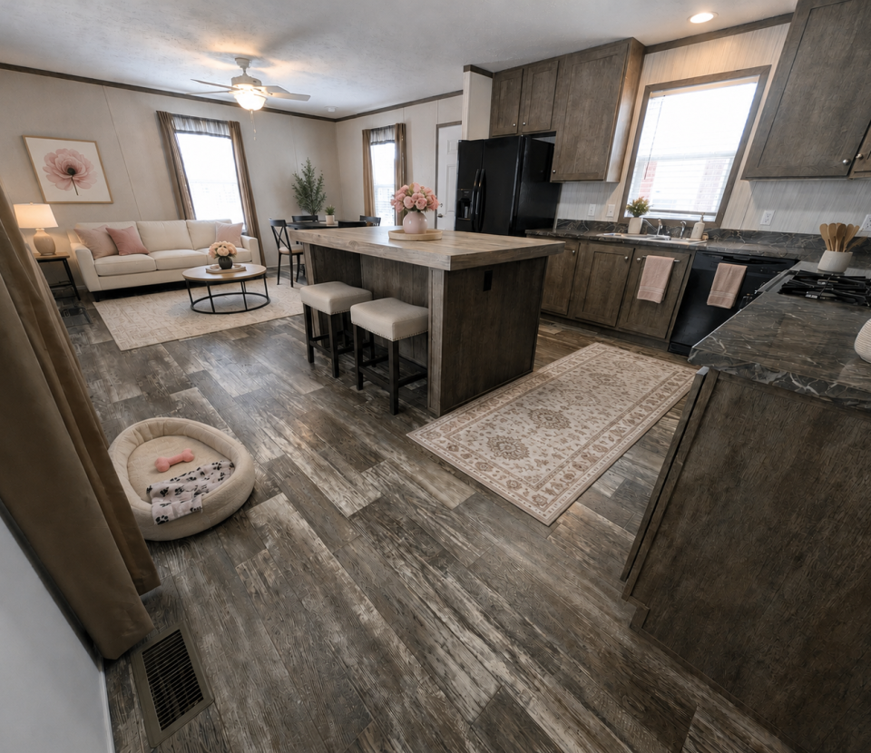 Open-concept kitchen and living room with wood flooring, an island with two stools, dark wood cabinets, a beige sofa, coffee table, and a small dog bed with a toy on the floor. Pink decor and flowers add warmth.