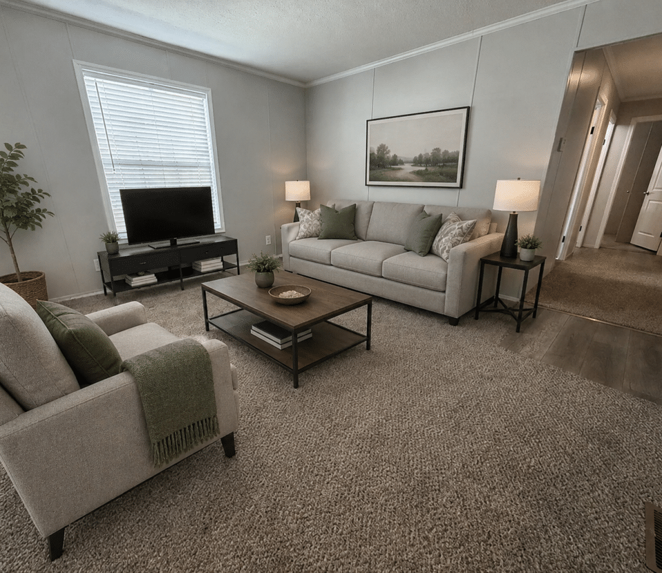 A modern living room with a gray sofa, matching armchair, coffee table, TV on a stand, two lamps, a potted plant, and a landscape painting on the wall. Carpeted floor and a hallway leading to other rooms.